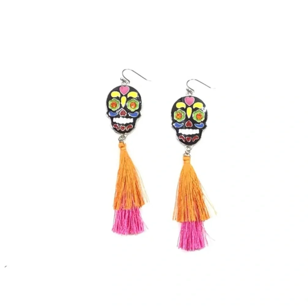 Sugar Skull Tassel Drop Earrings - Picture 3 of 4